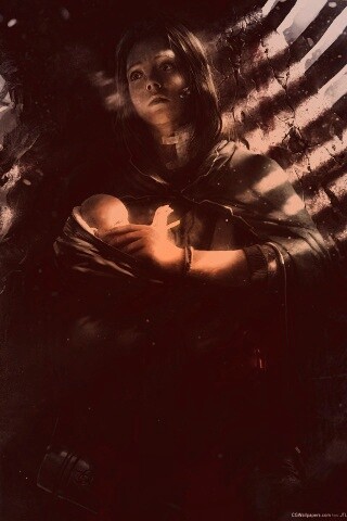 Девушка с ребенком прячется от монстра обои