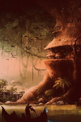 Город в стволе дерева обои