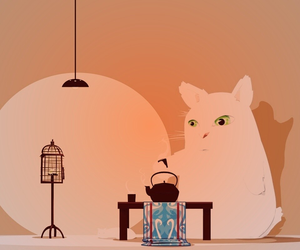 Кот пьет чай обои