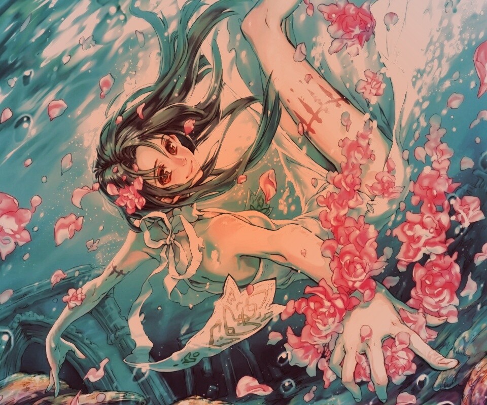 Девушка из аниме под водой обои