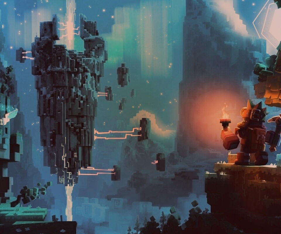 Парень с киркой и факелом смотрит в даль обои