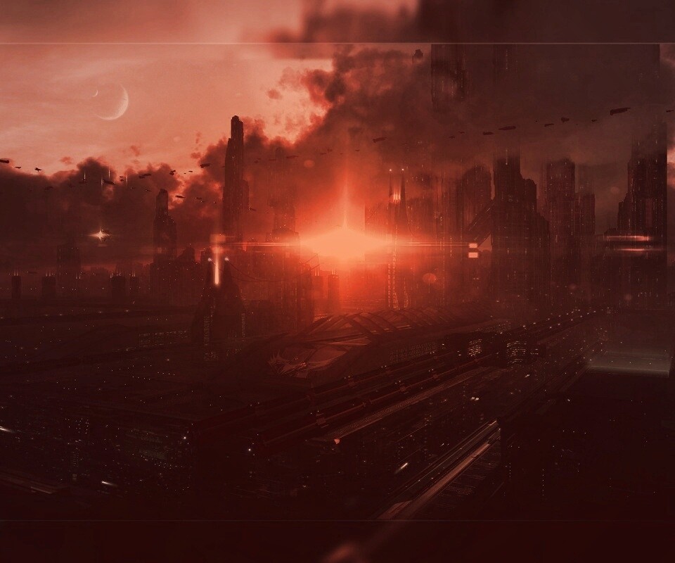 Закат в инопланетном городе обои