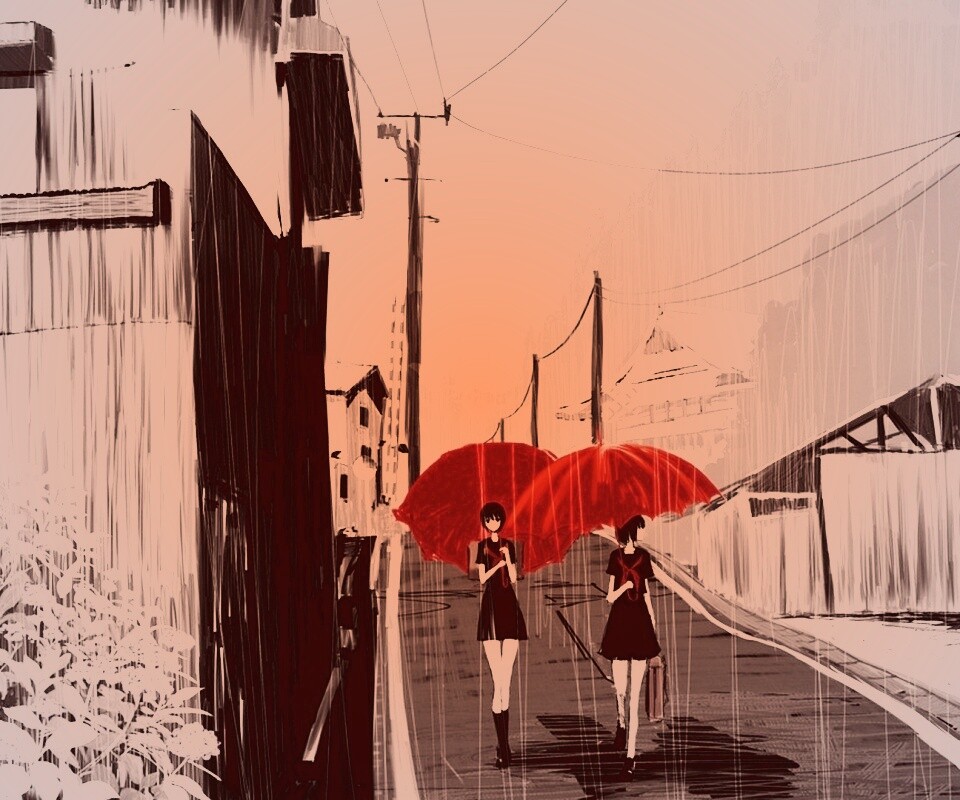 Девушки с красными зонтами обои