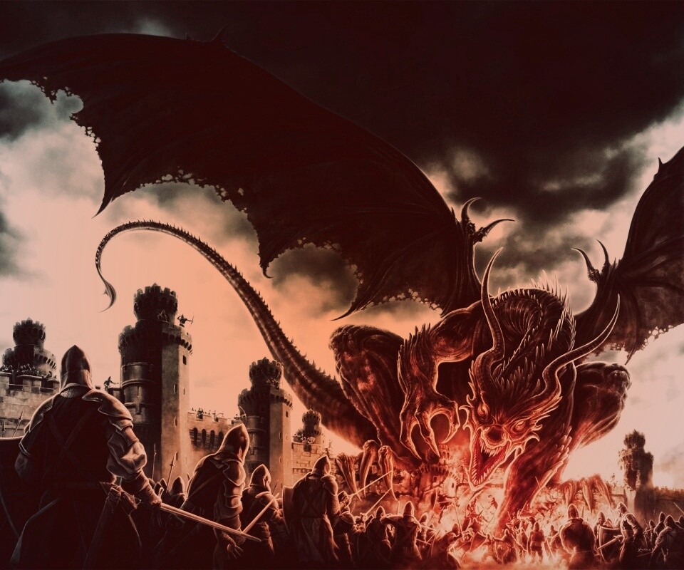 Дракон нападает на замок обои