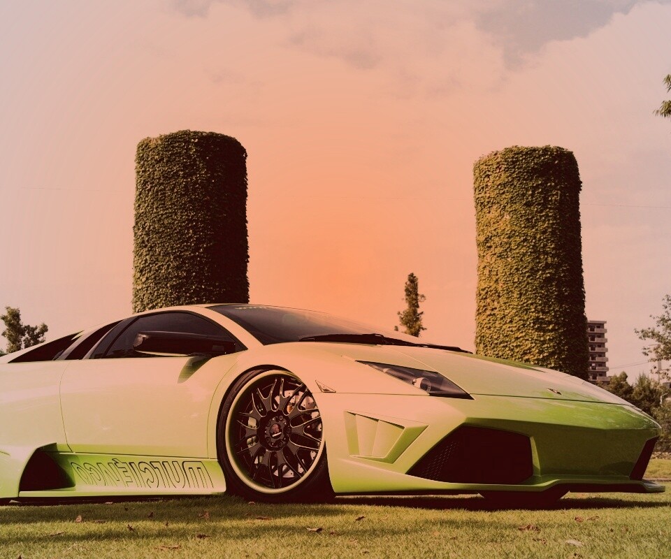 Зелёный Ламборджини на траве обои