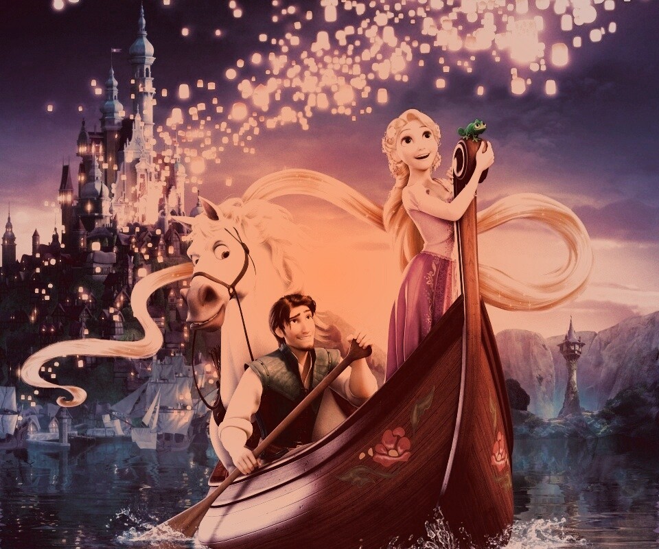 Рапунцель принц и конь в лодке обои