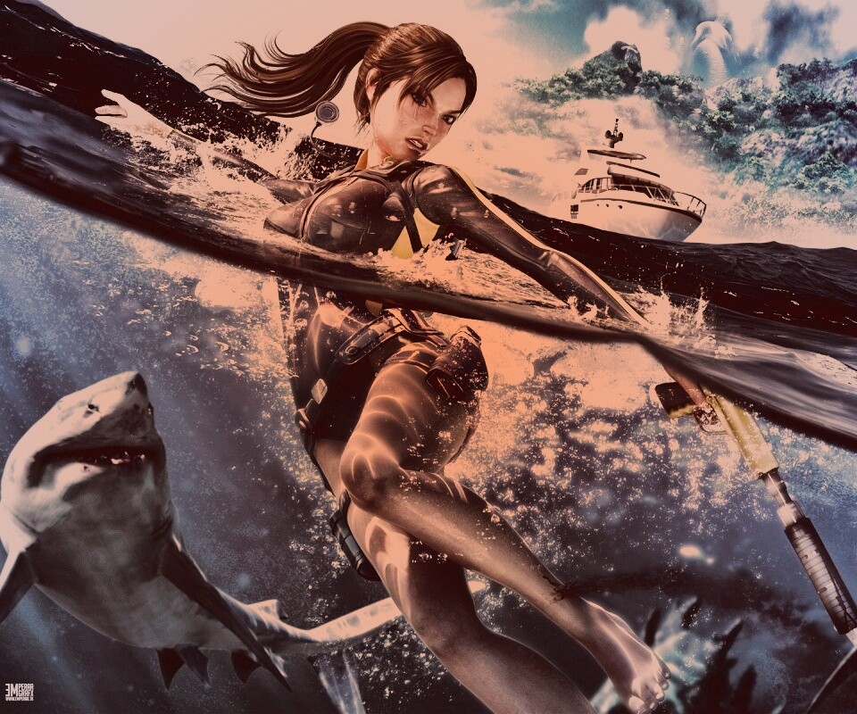 Лара Крофт против акул обои