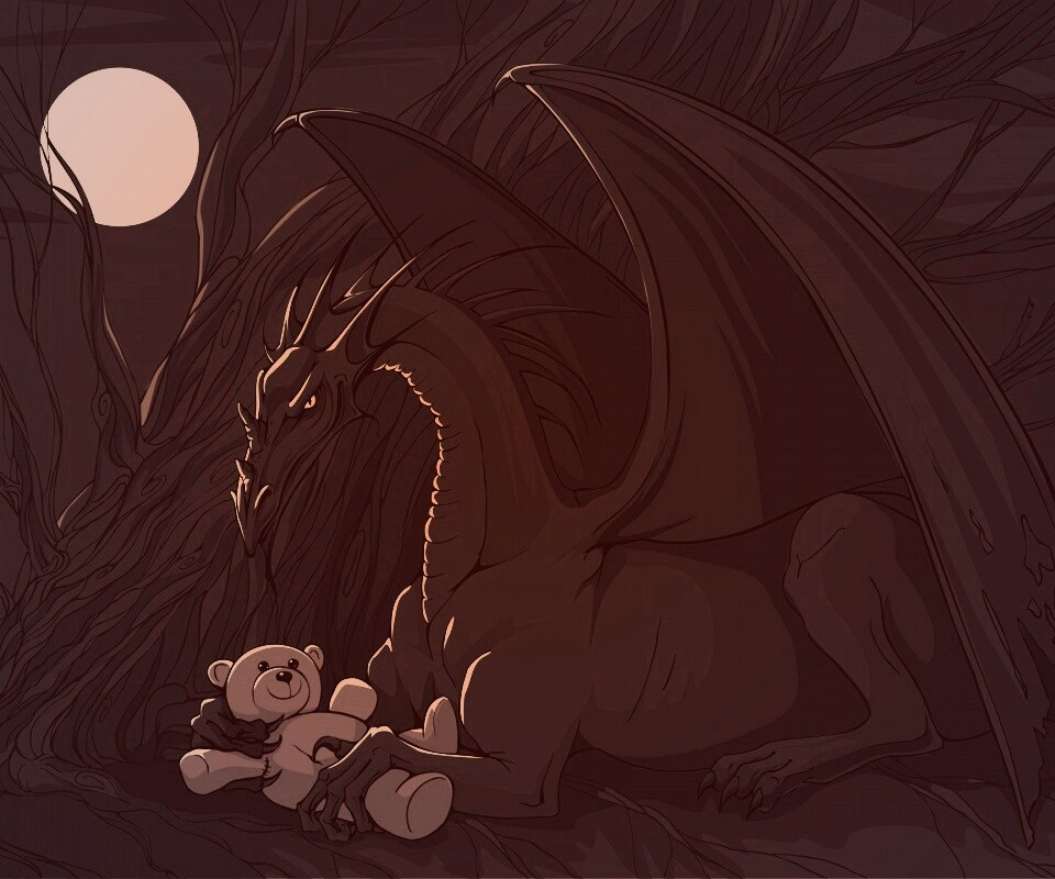 Дракон с любимой игрушкой обои