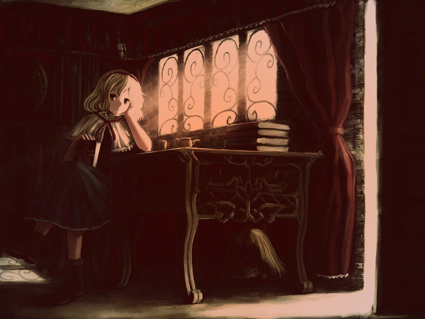 Девочка за столом с книгами обои