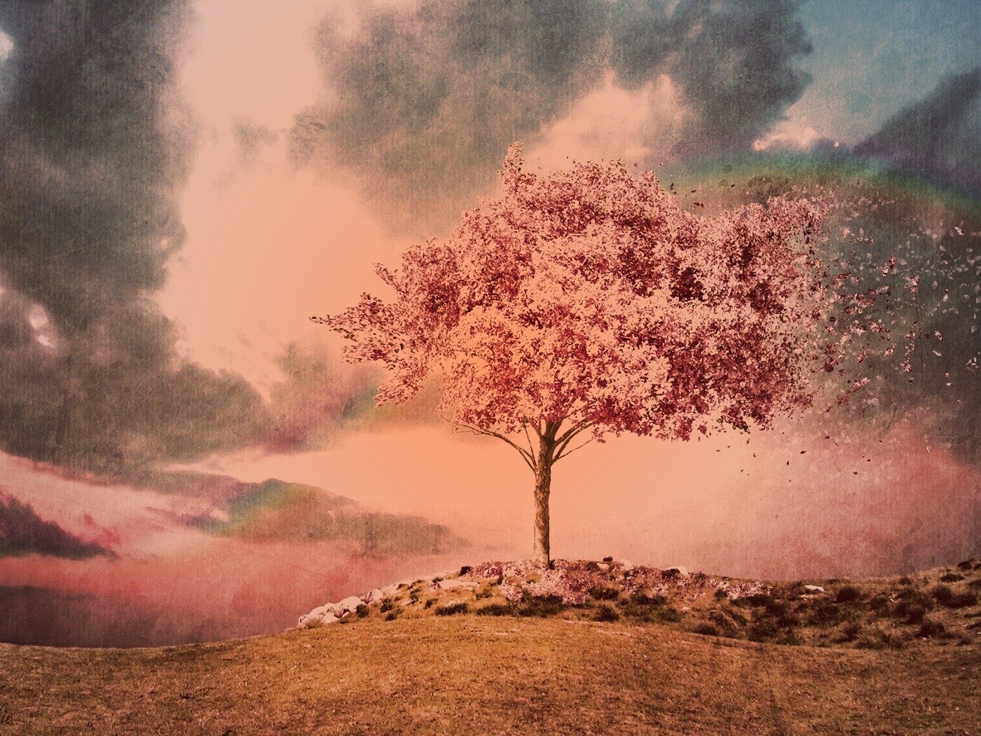 Одинокое цветущее дерево обои