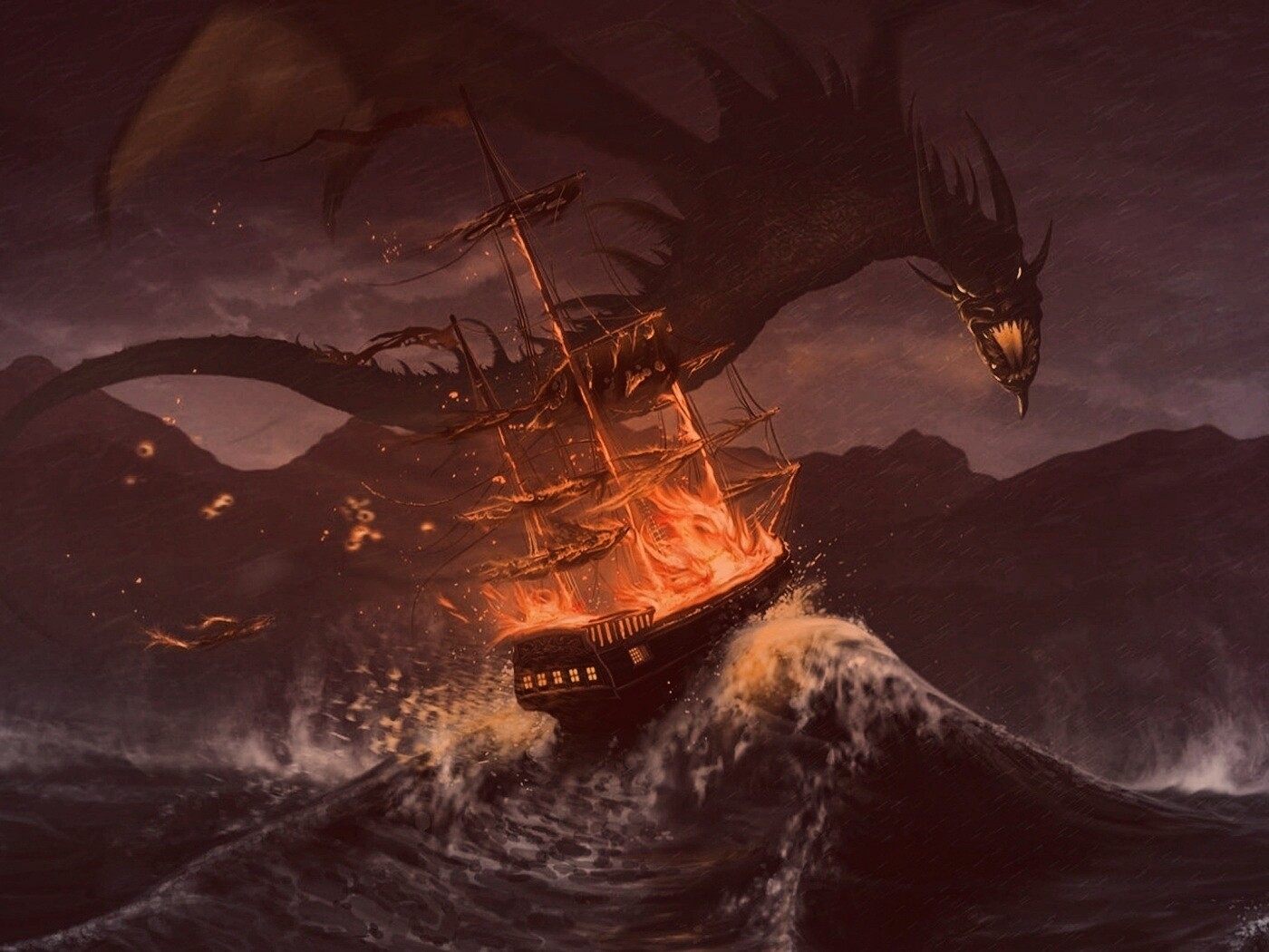 Дракон нападает на корабль обои