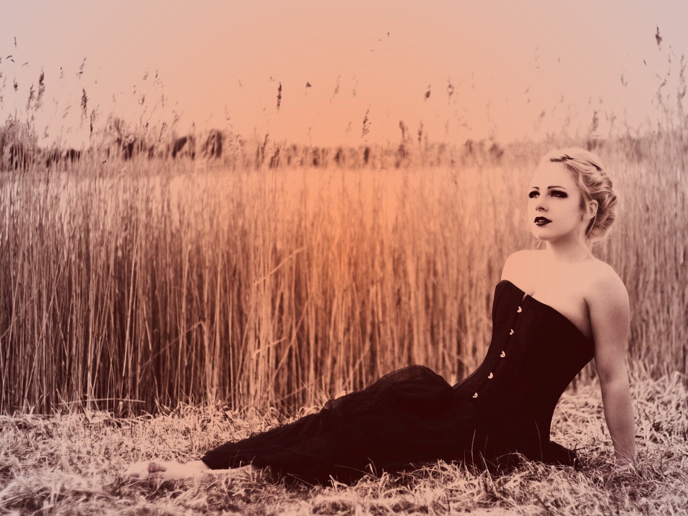 Девушка на траве в черном корсете обои