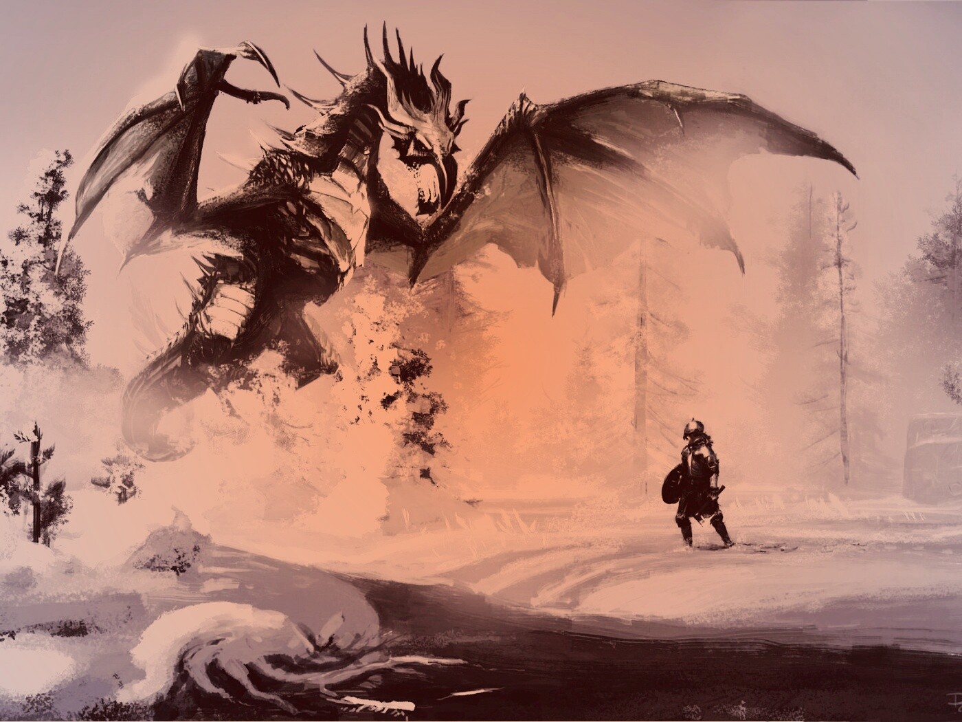 Скайрим: битва с ледяным драконом обои