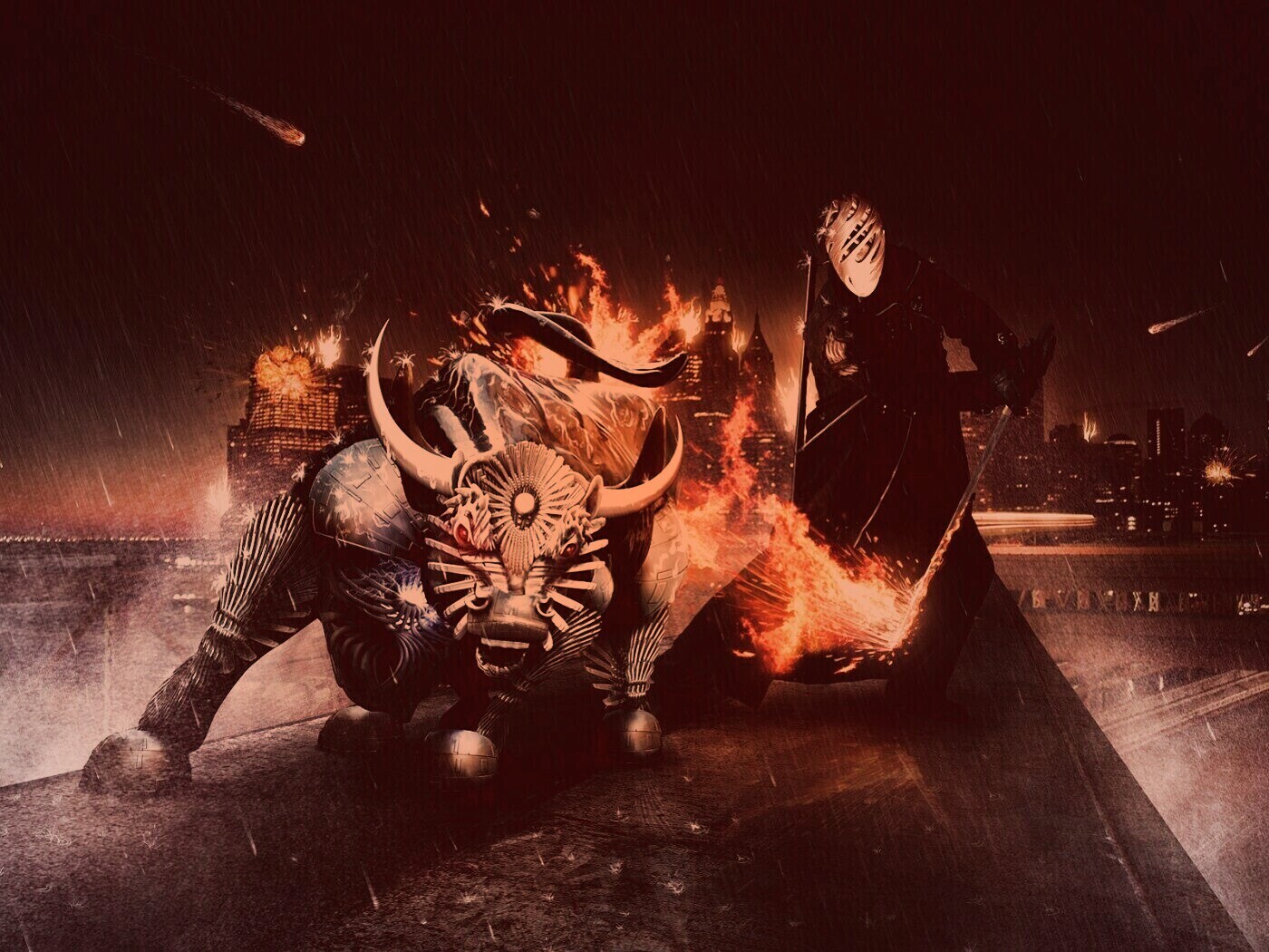 Воин и бык на крыше обои