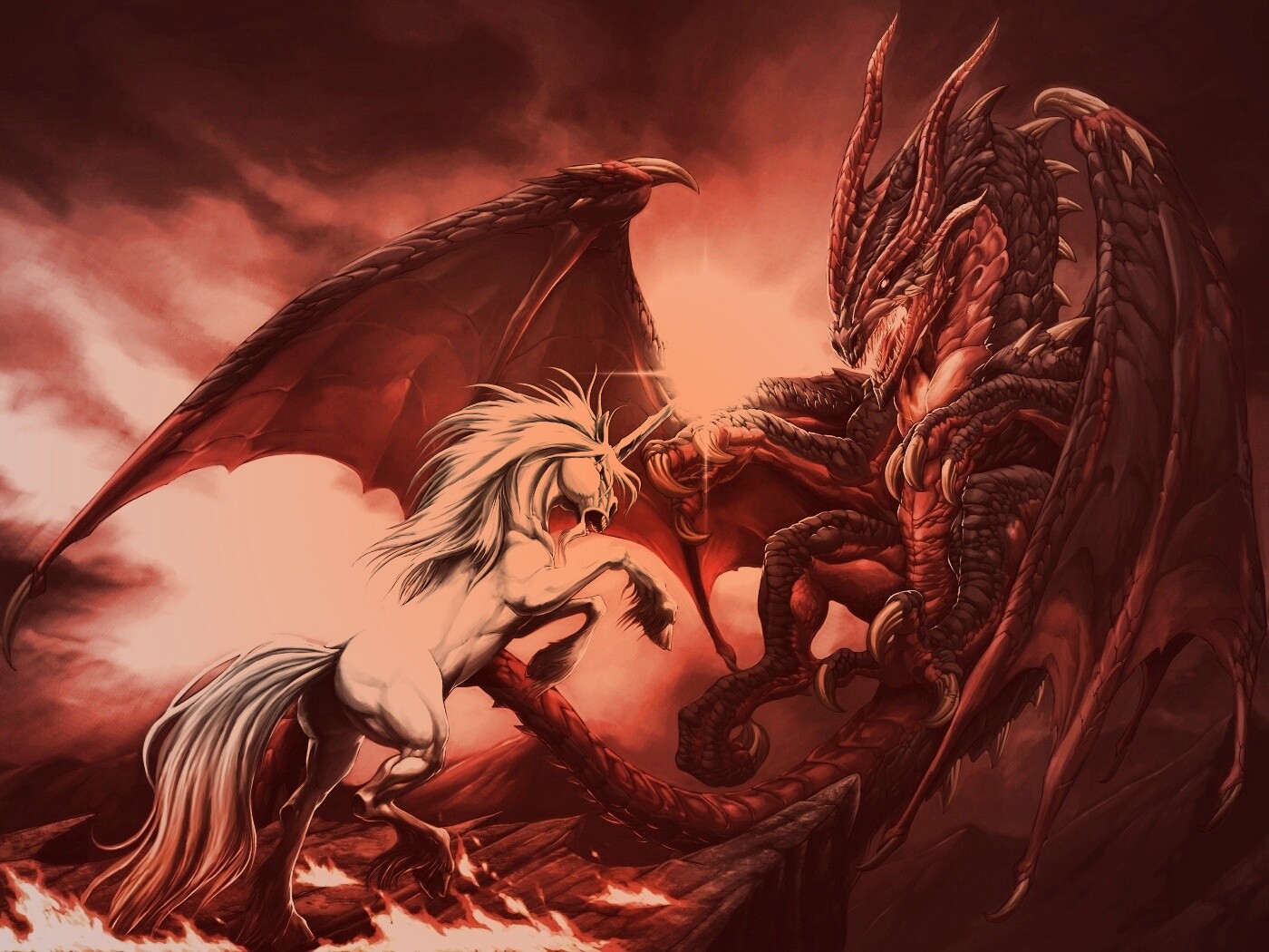 Дракон и единорог обои