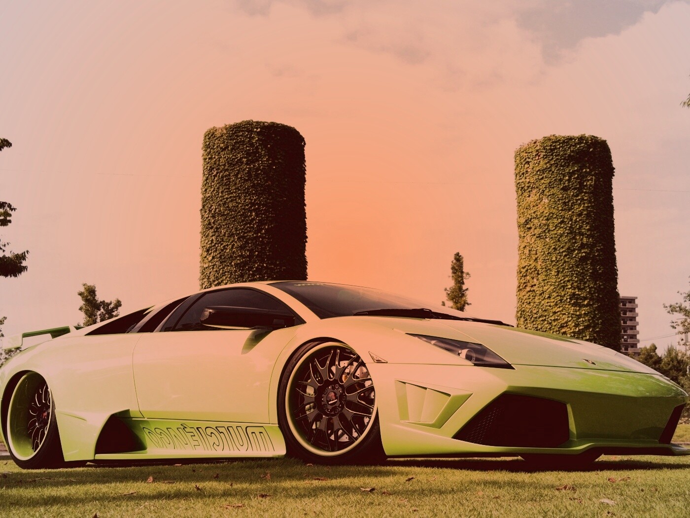 Зелёный Ламборджини на траве обои