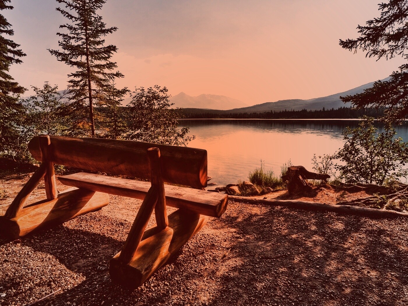 Деревянная скамья на берегу озера обои