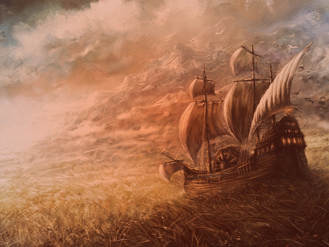 Корабль в море травы обои