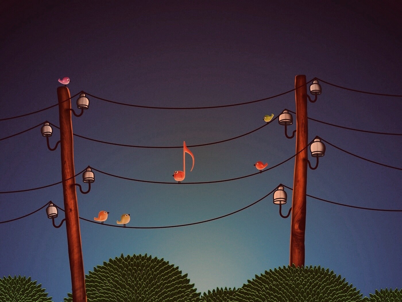 Нотка и птички на проводах обои