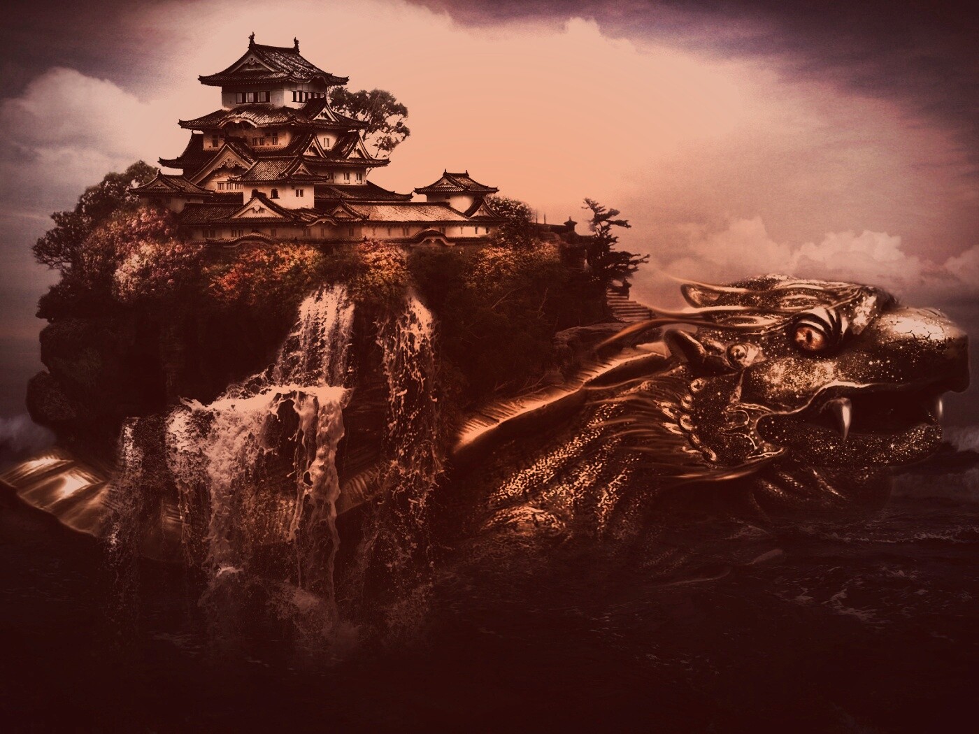 Золотая черепаха и китайская пагода в океане обои