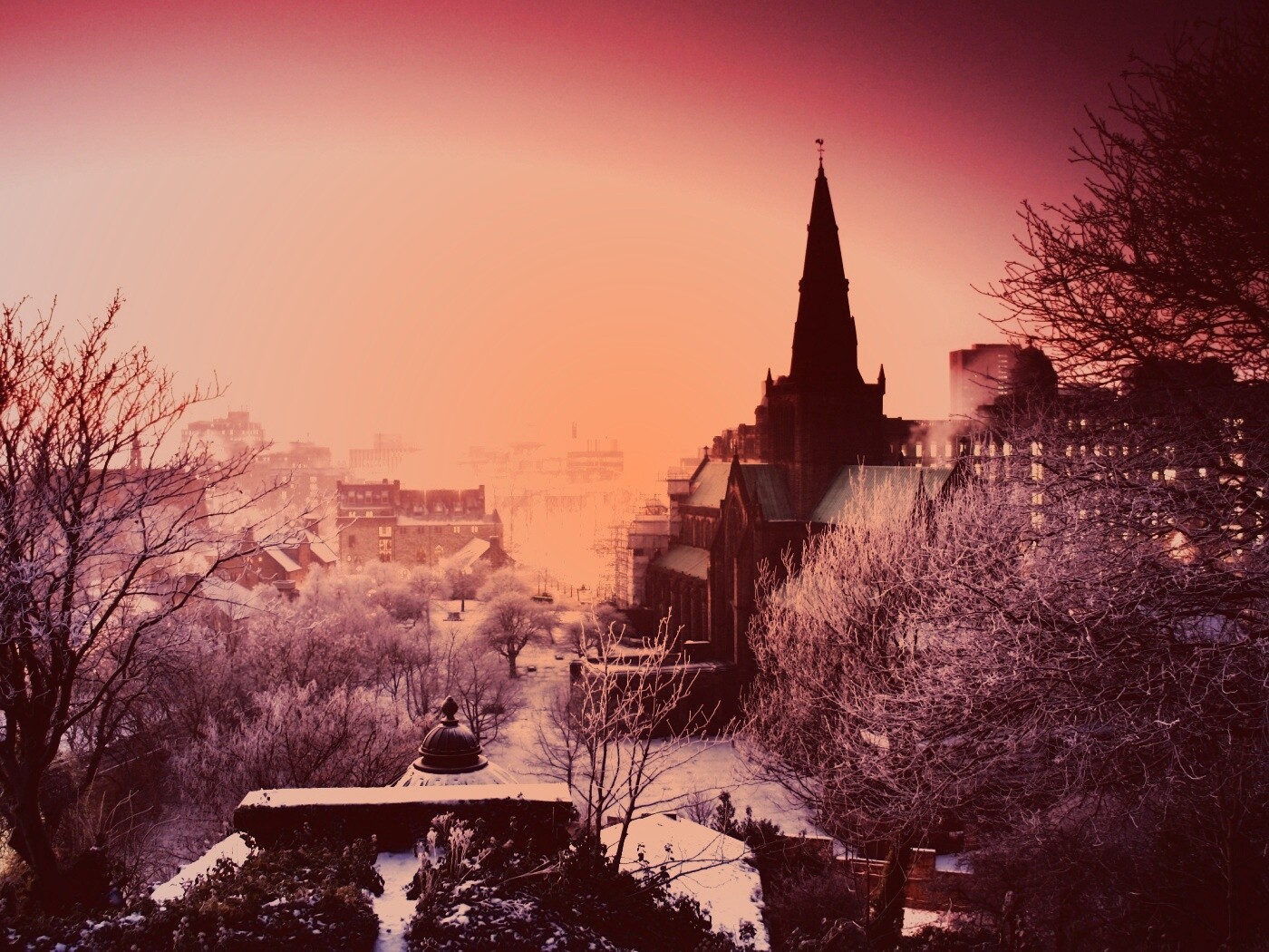 Закатный город зимой обои