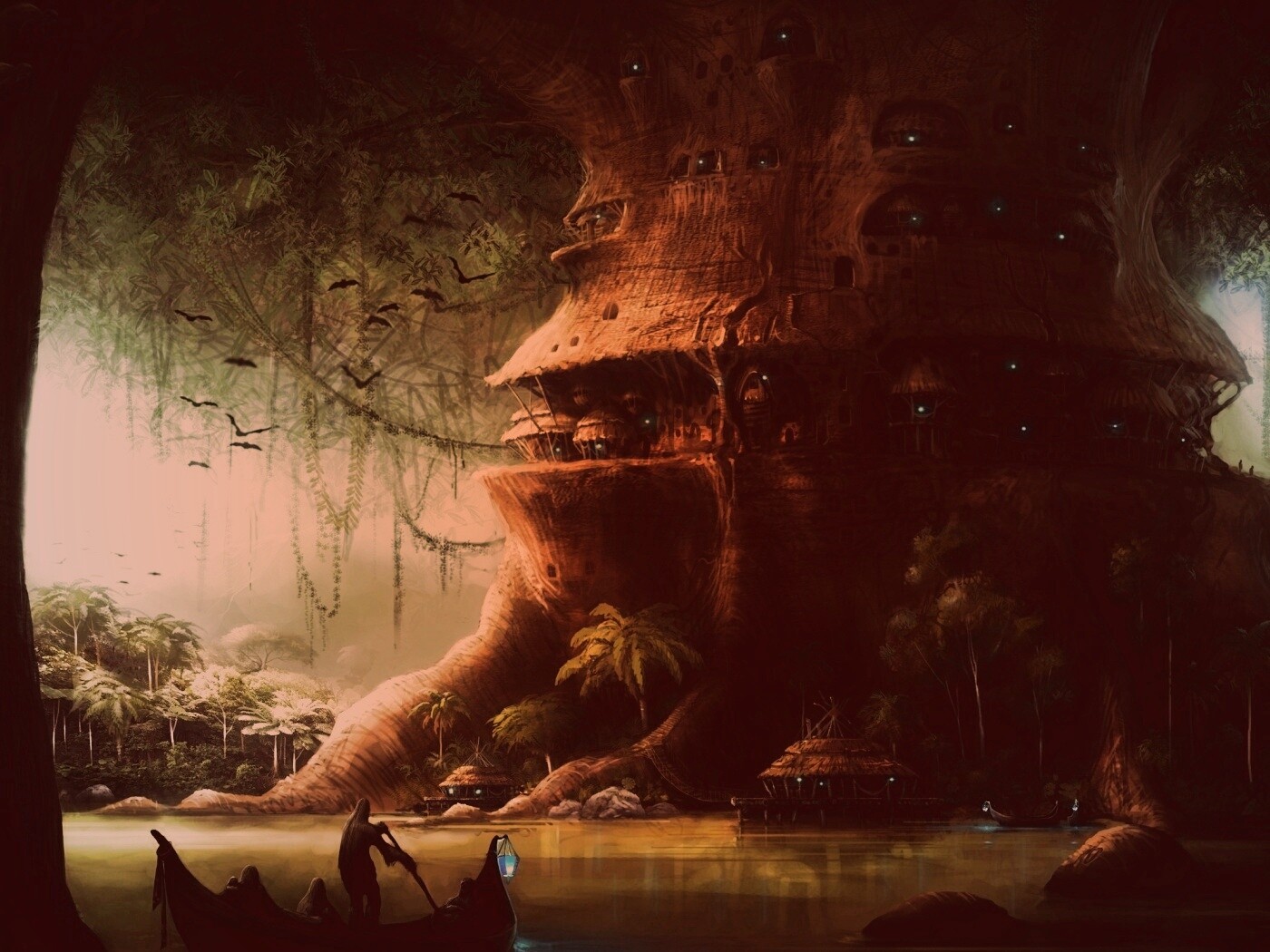 Город в стволе дерева обои