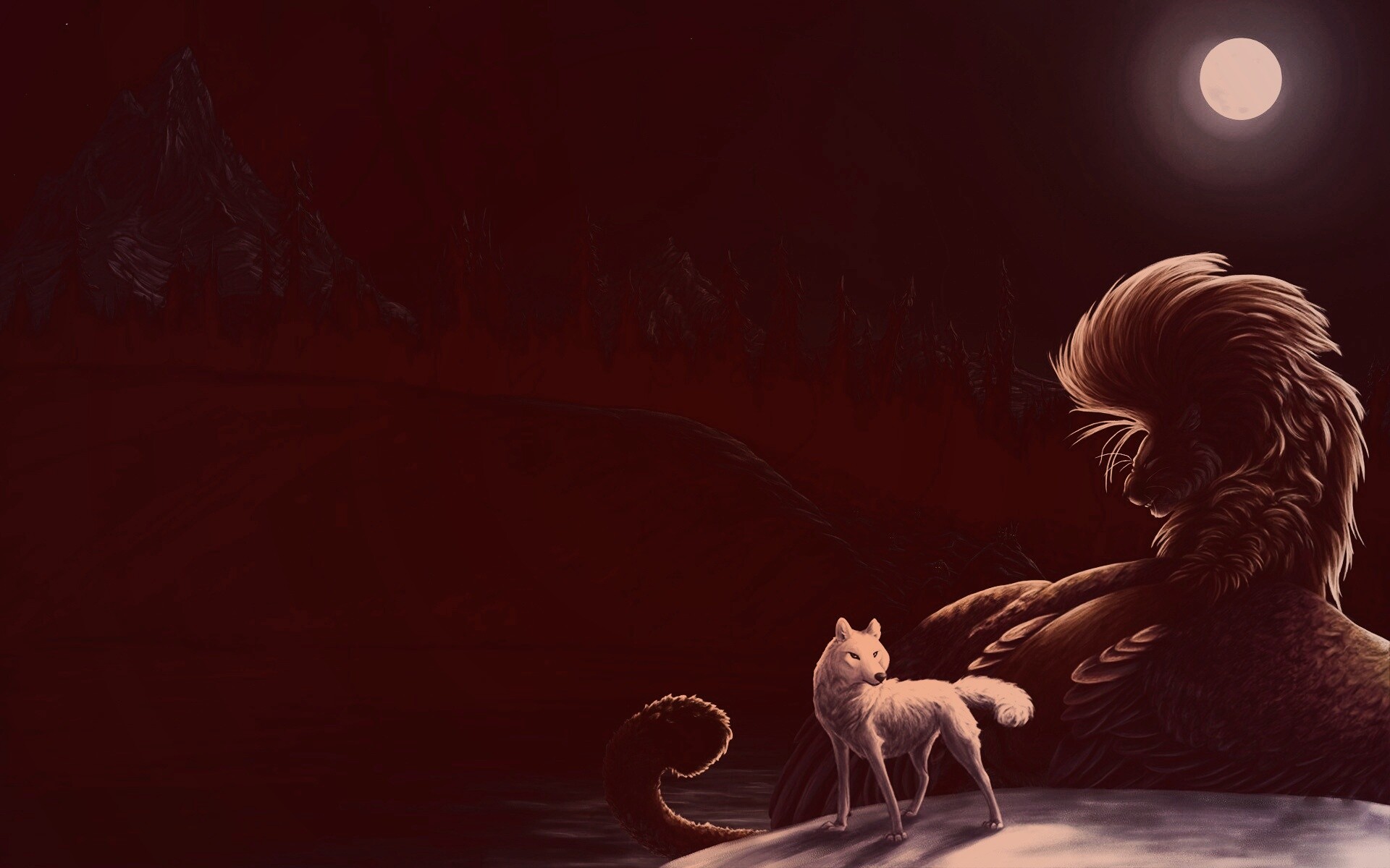 Волк и лев при луне обои