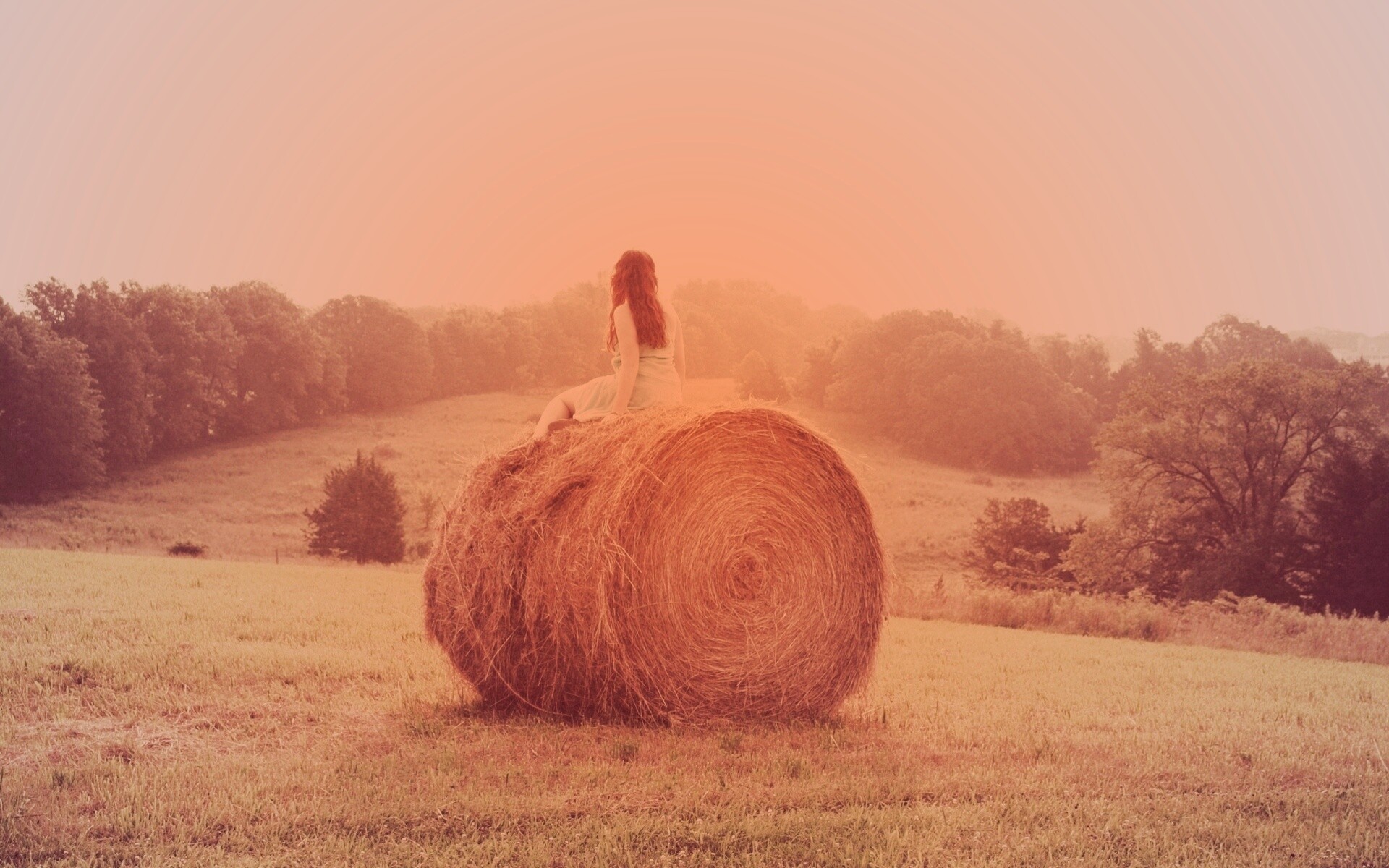 Девушка на снопе сена обои