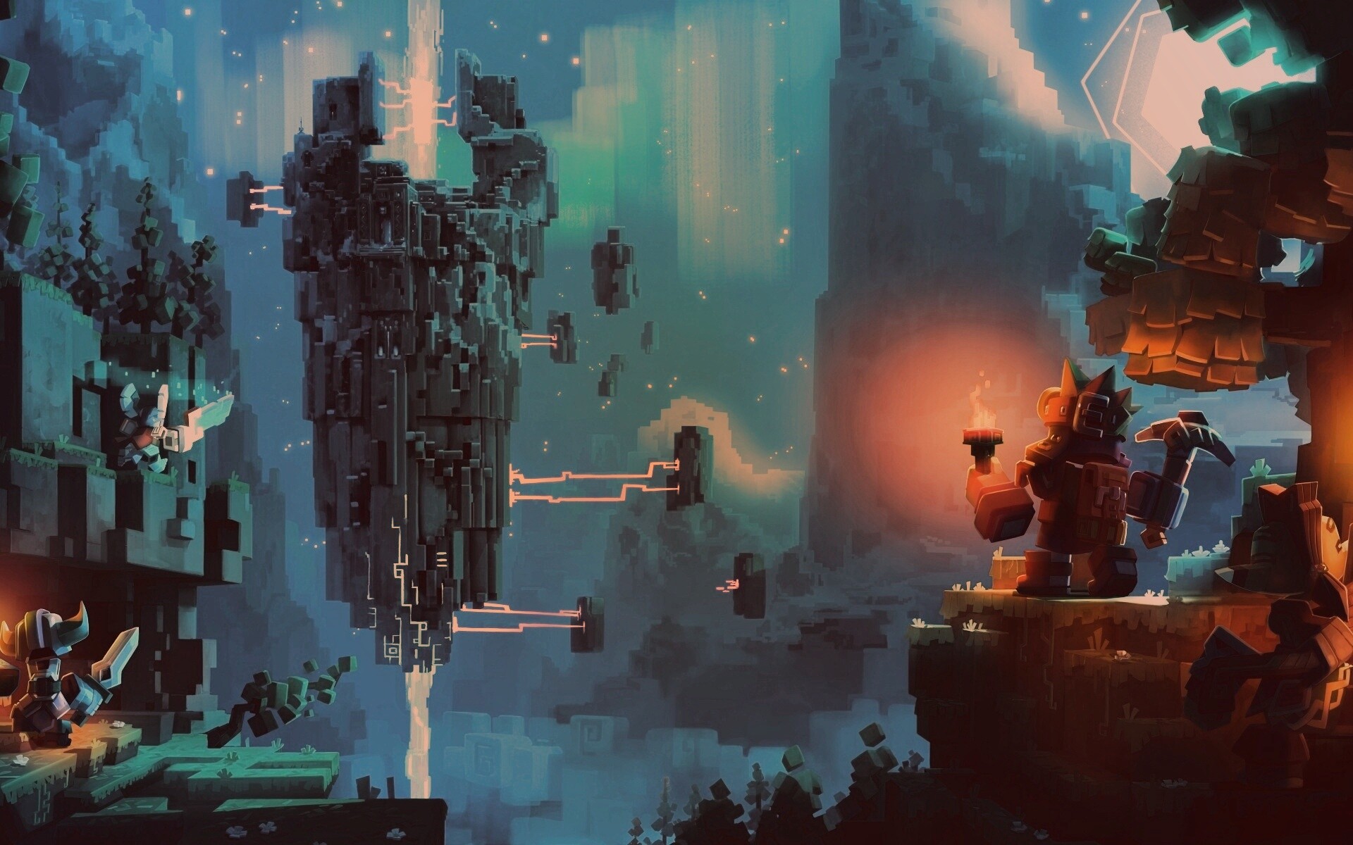 Парень с киркой и факелом смотрит в даль обои