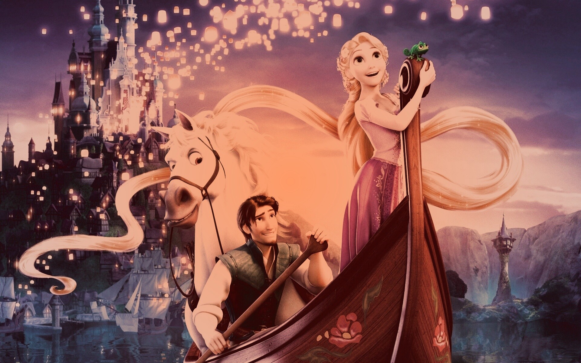 Рапунцель принц и конь в лодке обои
