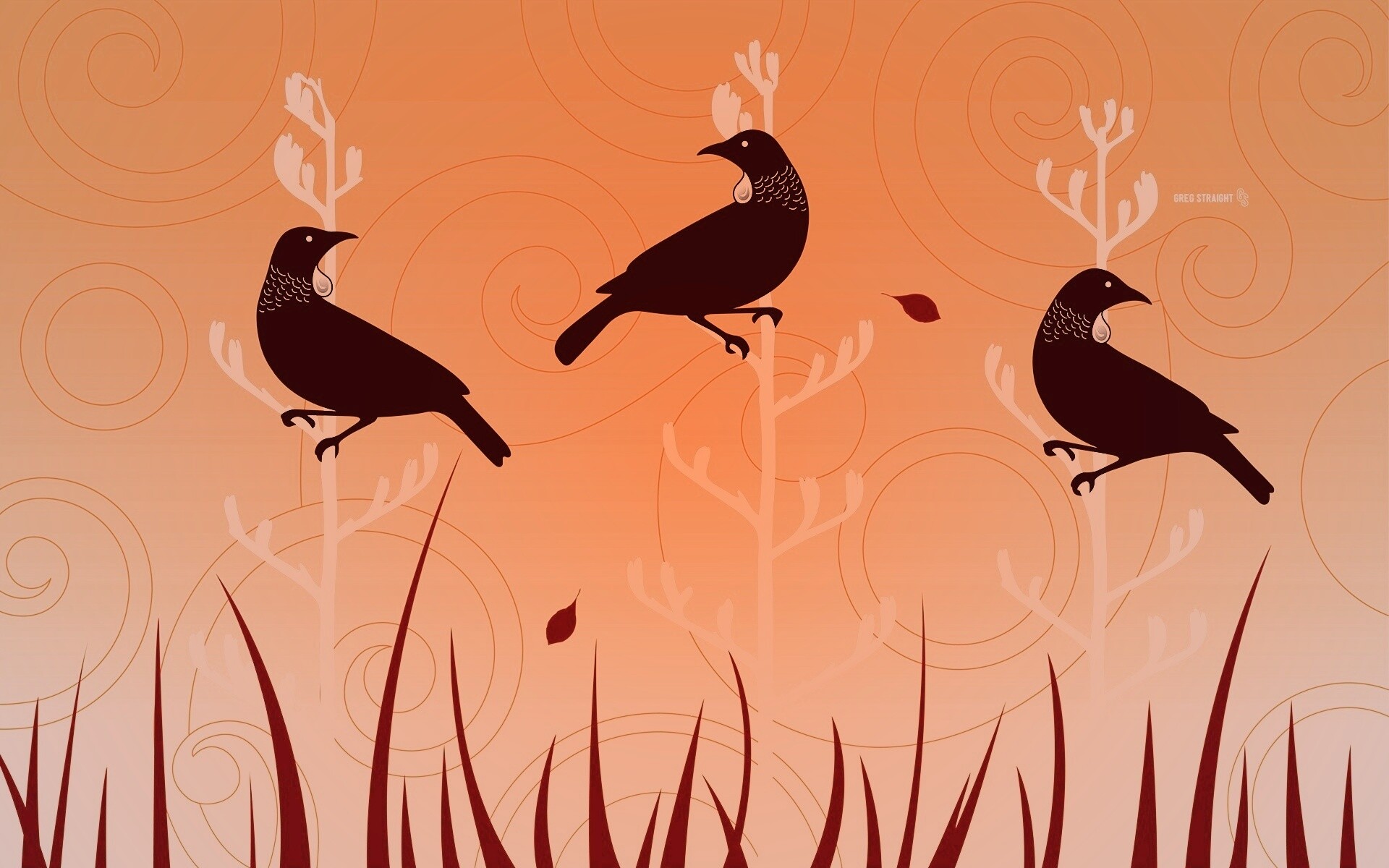 Векторные стилизованные птицы на ветках дерева обои