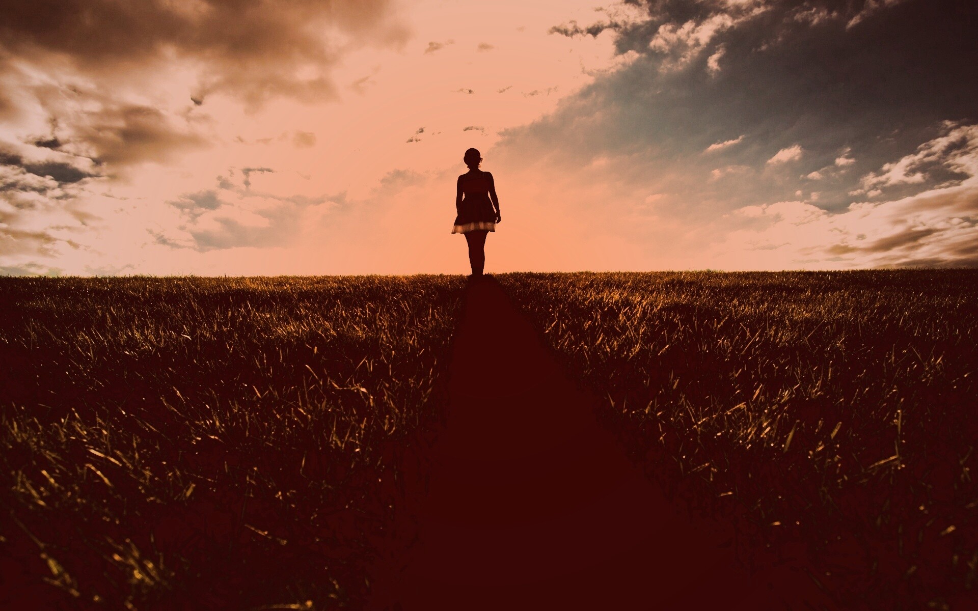 Силуэт девочки на поле обои