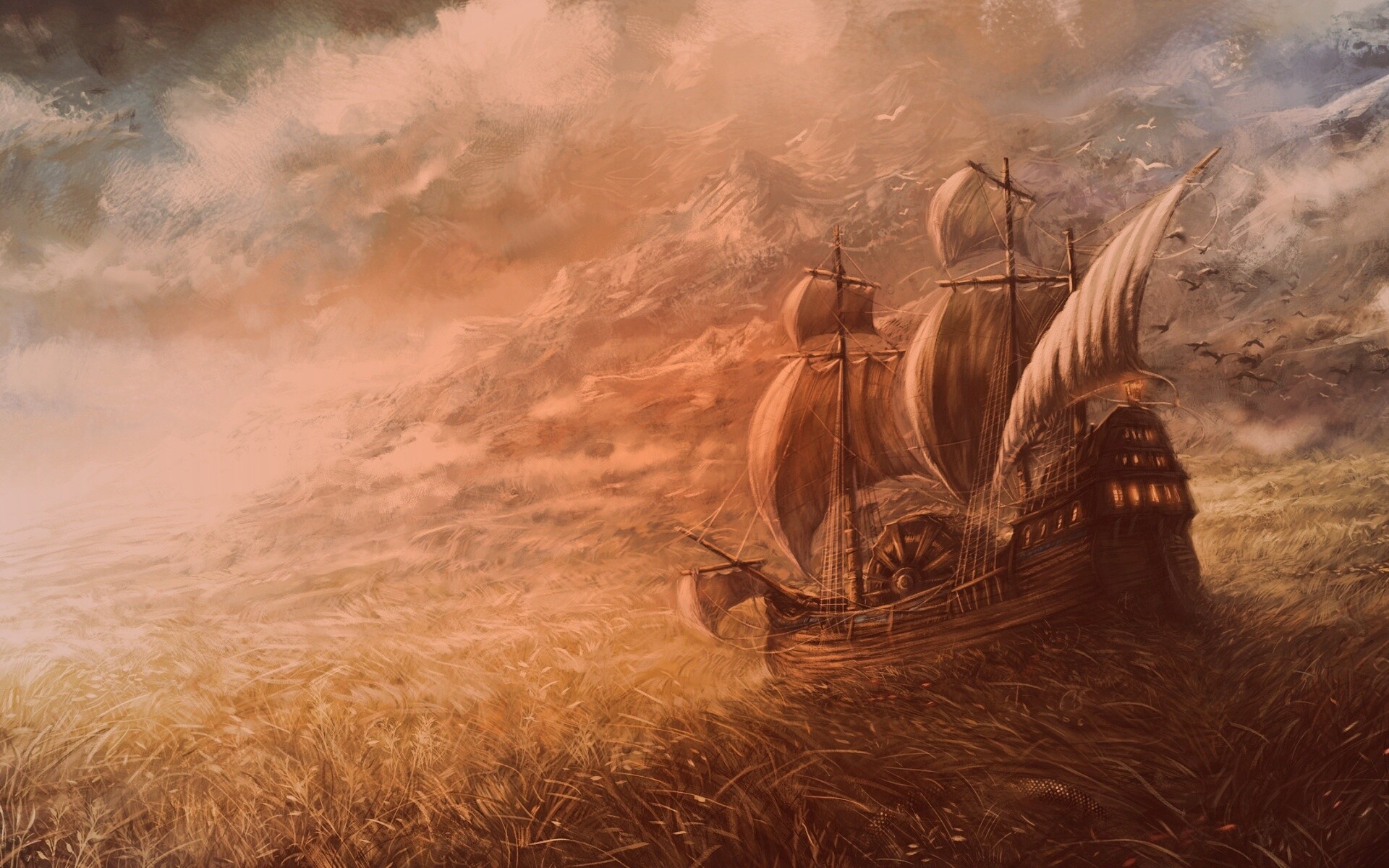 Корабль в море травы обои