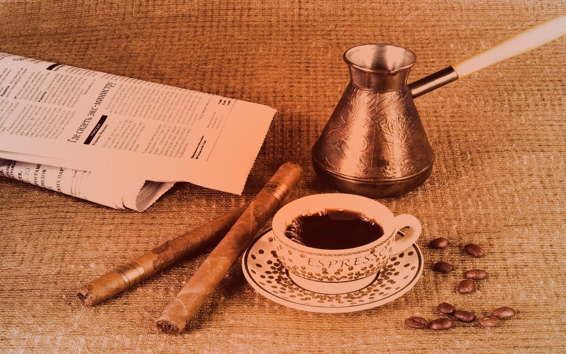 Утренний кофе, газета и сигары обои