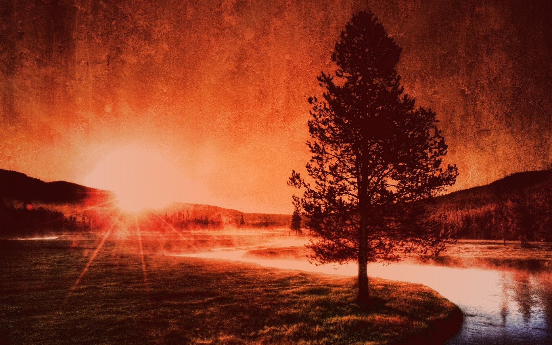 Закат за речкой обои