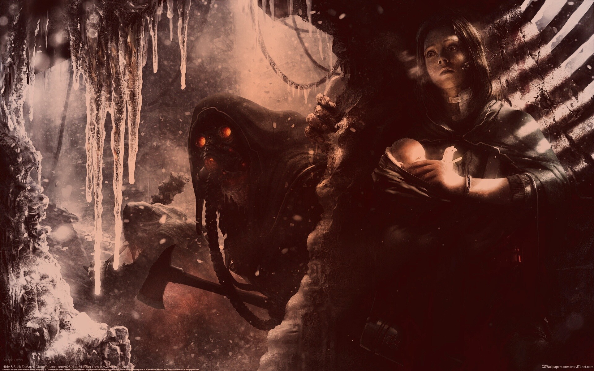 Девушка с ребенком прячется от монстра обои