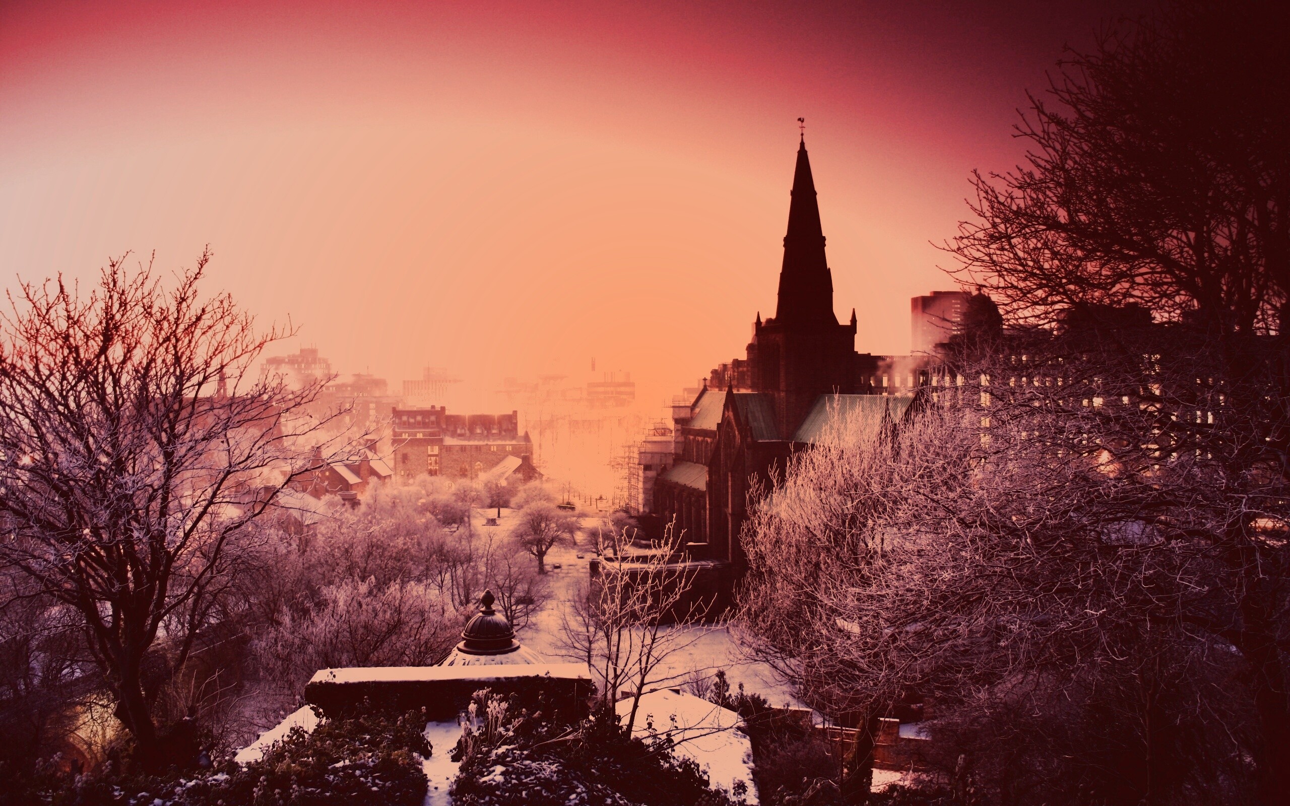 Закатный город зимой обои