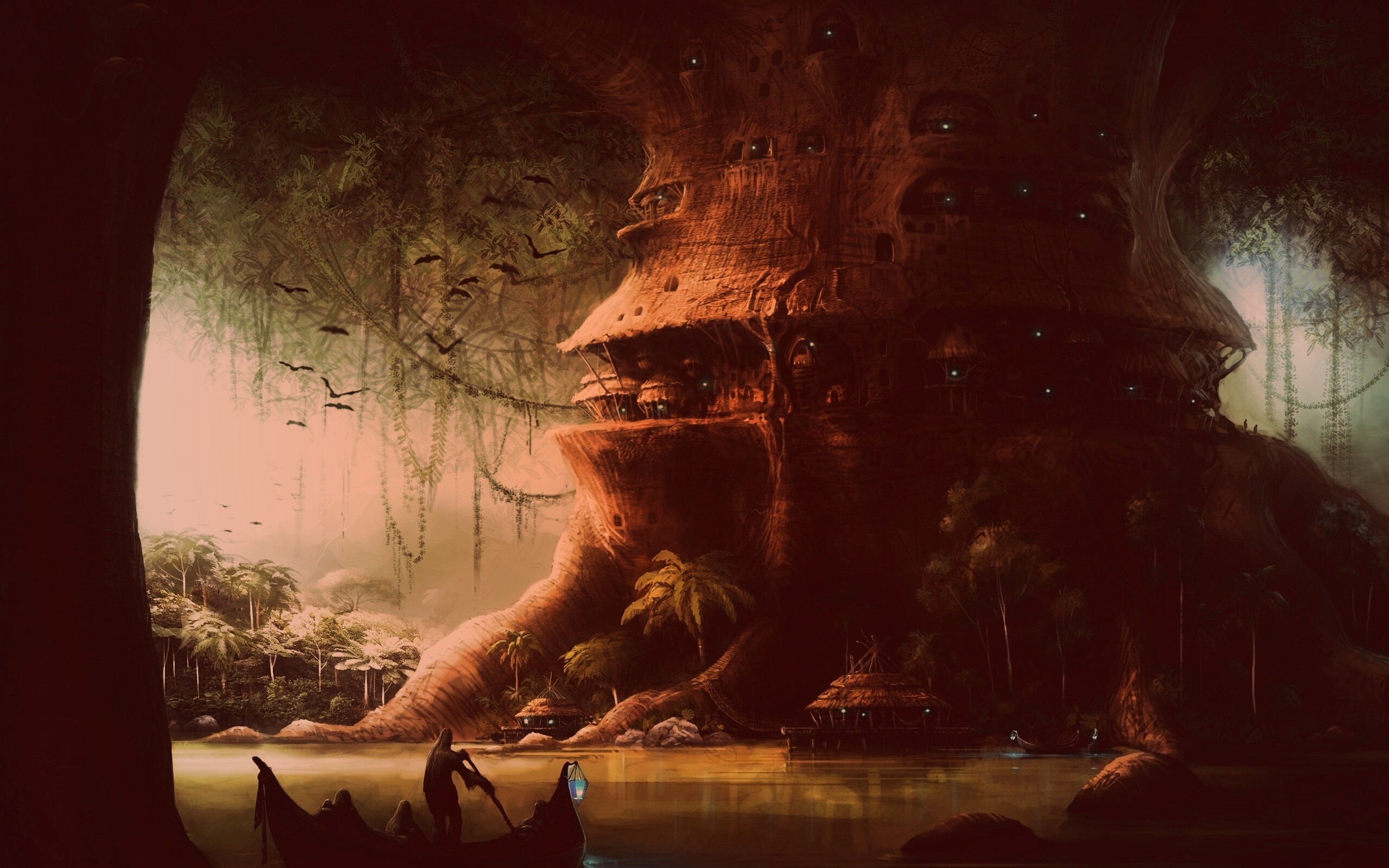 Город в стволе дерева обои