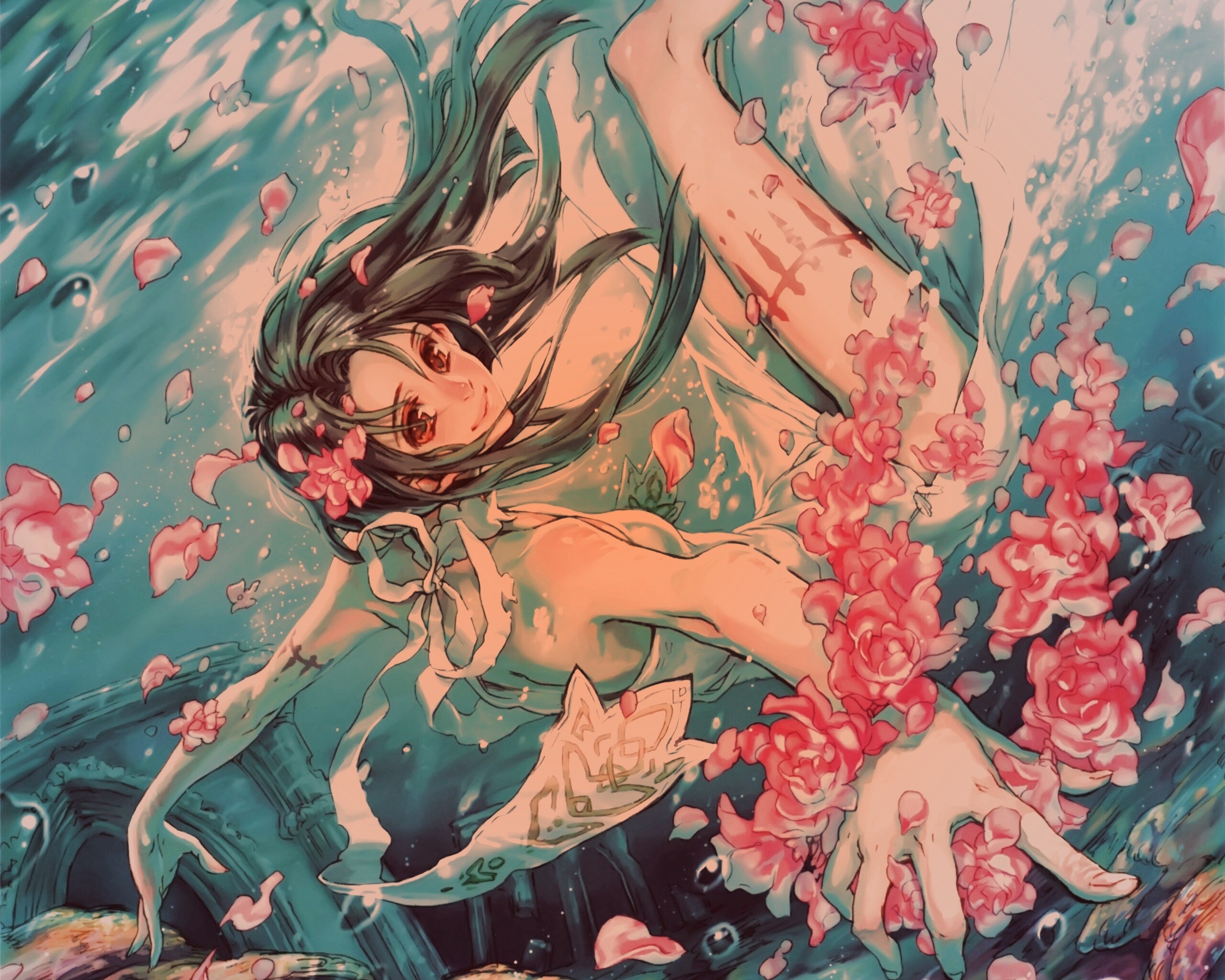 Девушка из аниме под водой обои