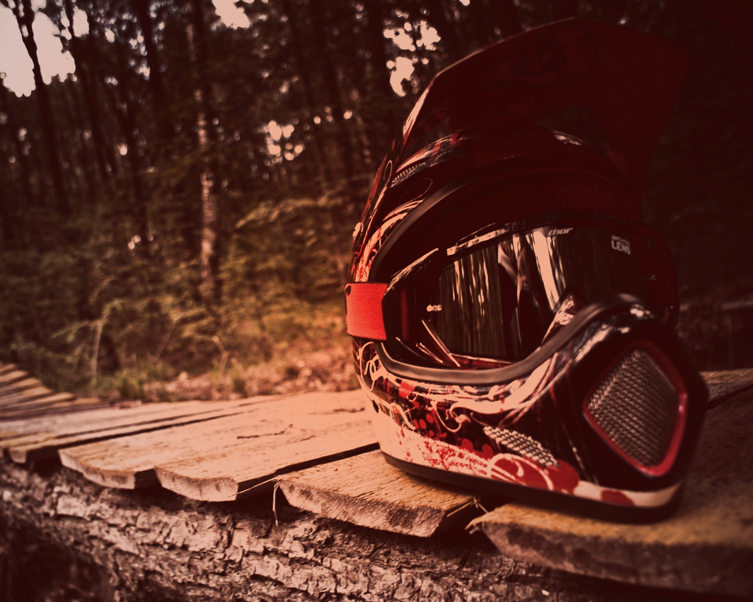 Шлем на лесной велотрассе обои