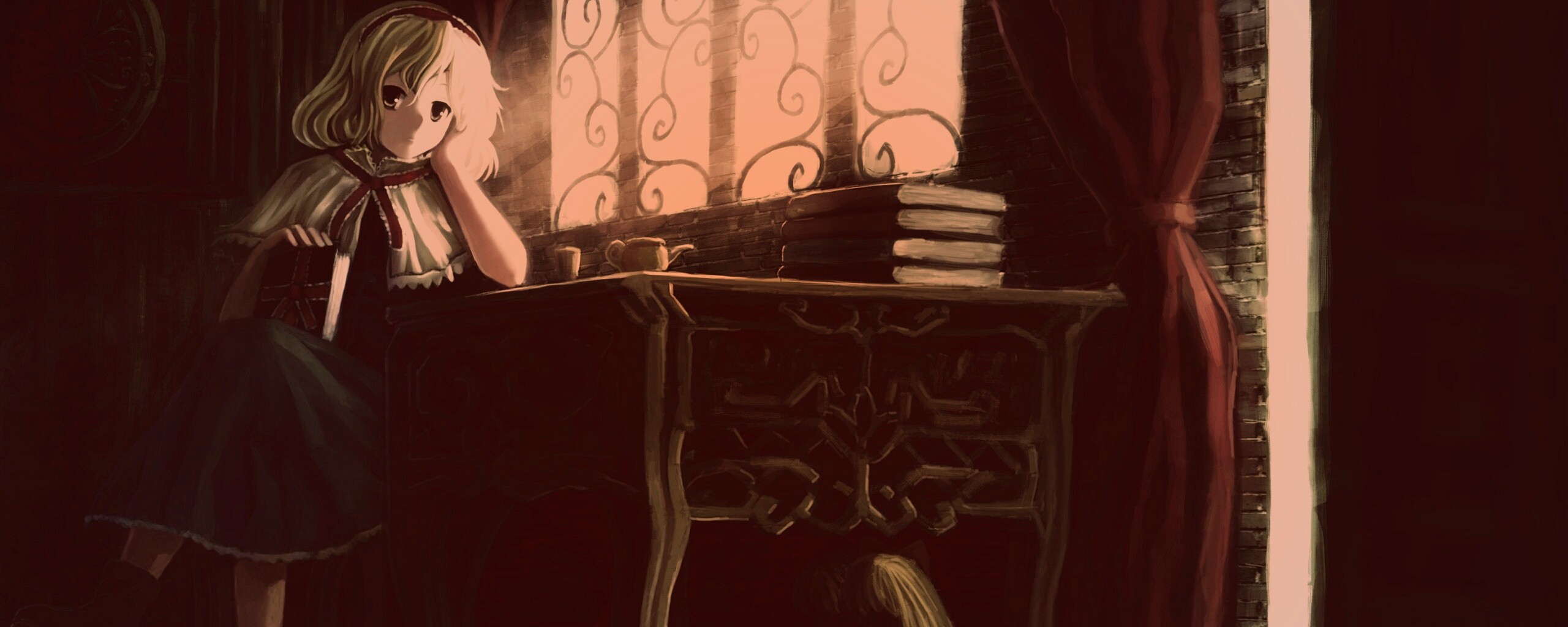 Девочка за столом с книгами обои