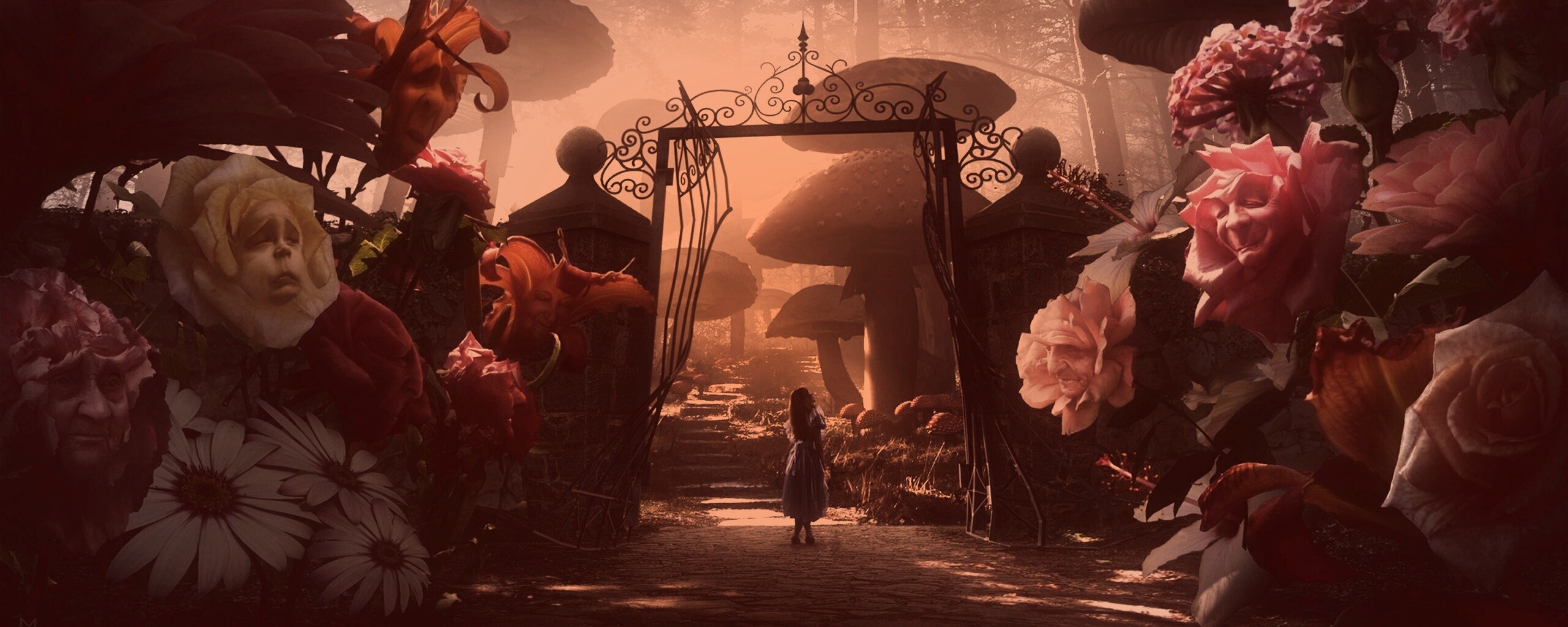 Алиса в стране чудес среди живых цветов обои