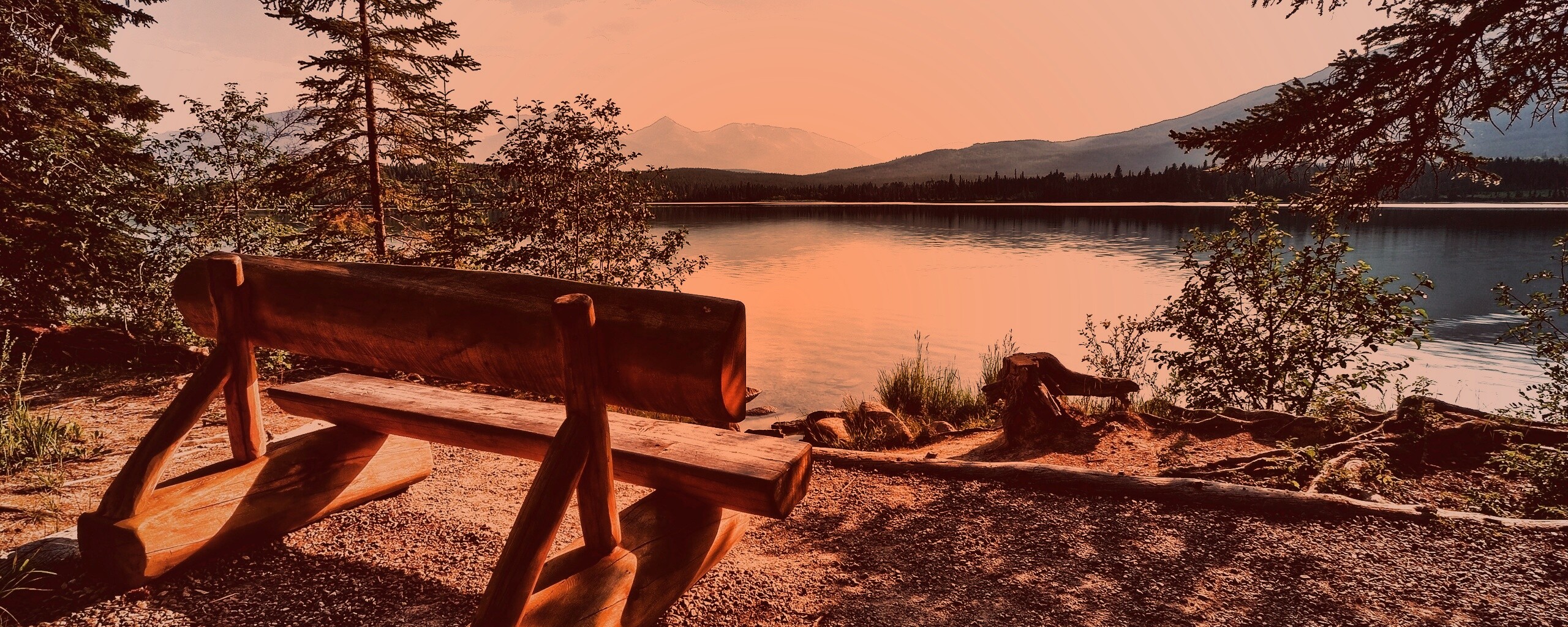 Деревянная скамья на берегу озера обои