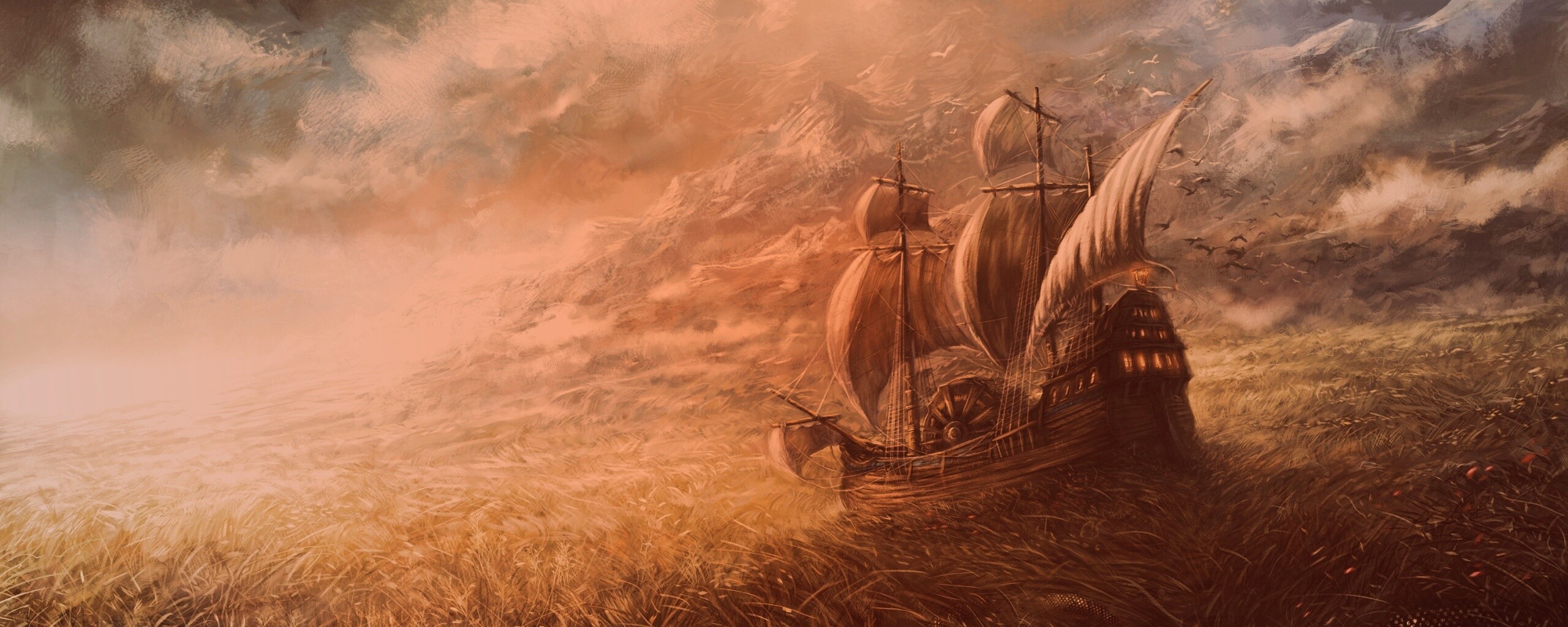 Корабль в море травы обои