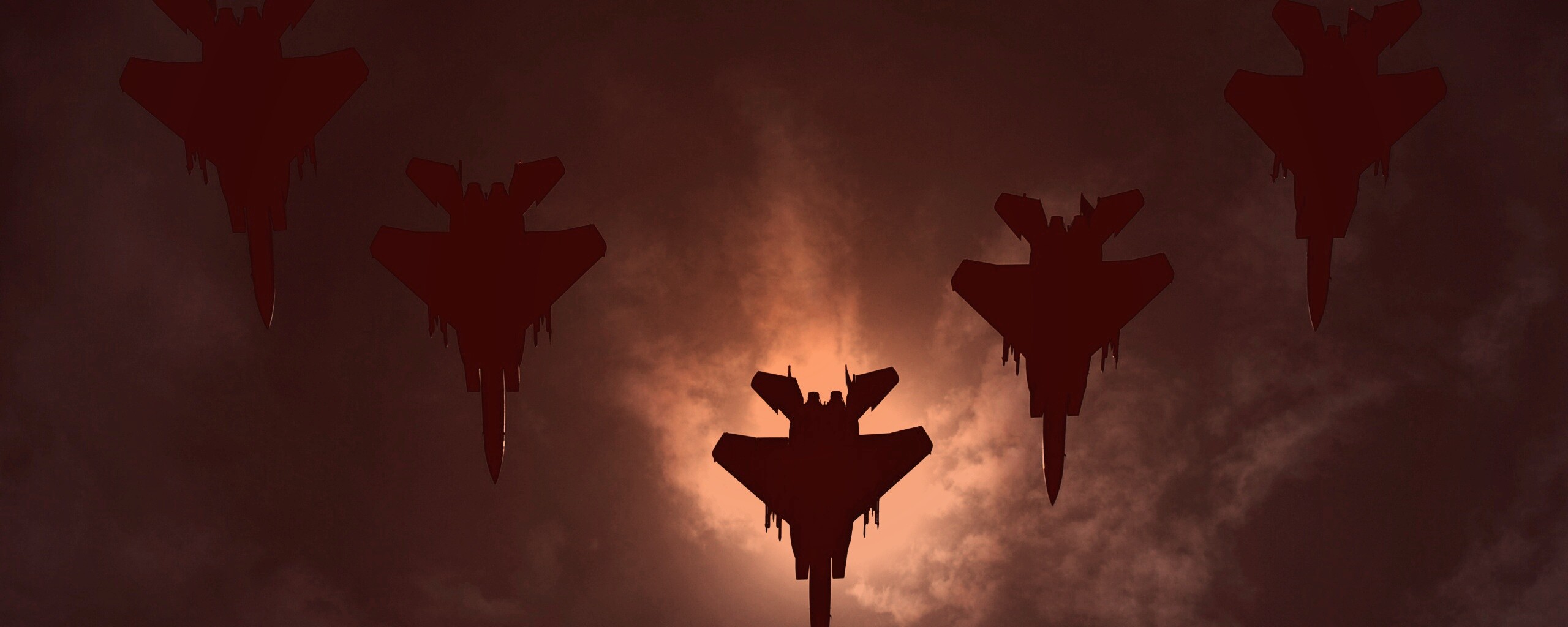 Ряд истрибителей на фоне солнца обои