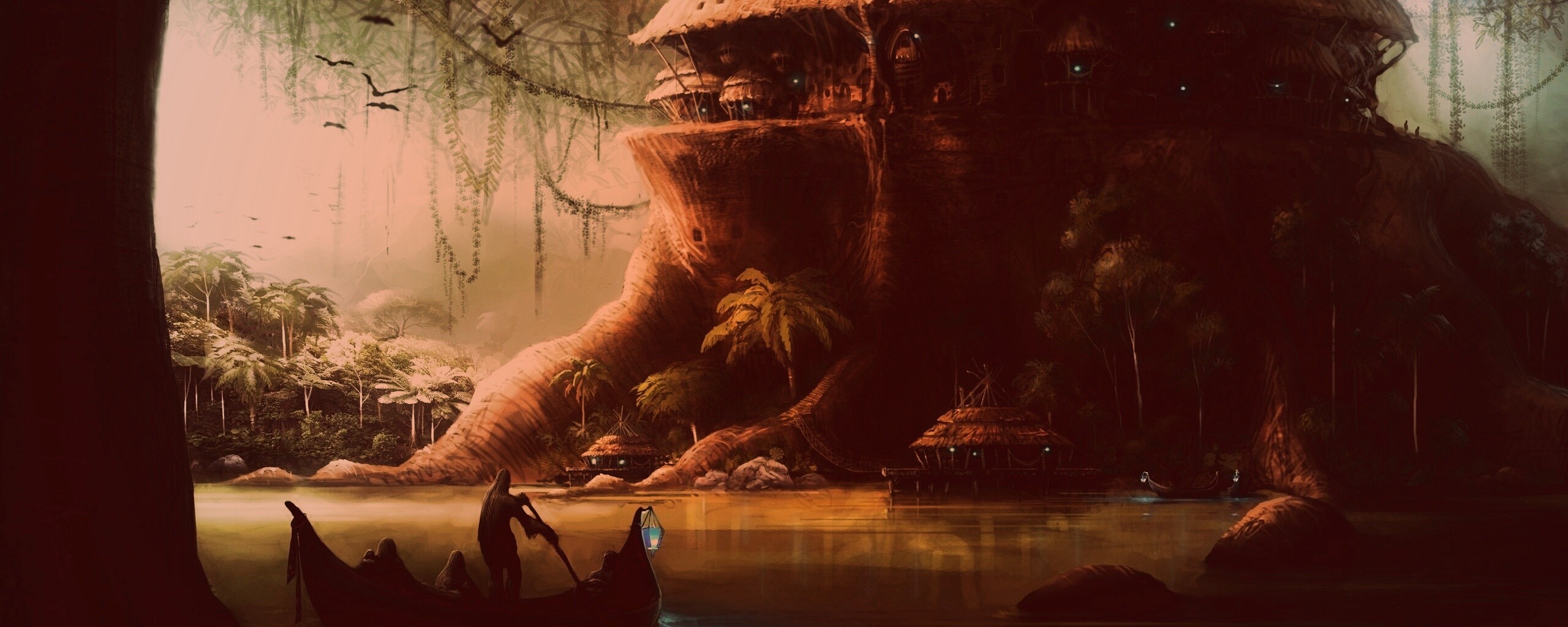 Город в стволе дерева обои