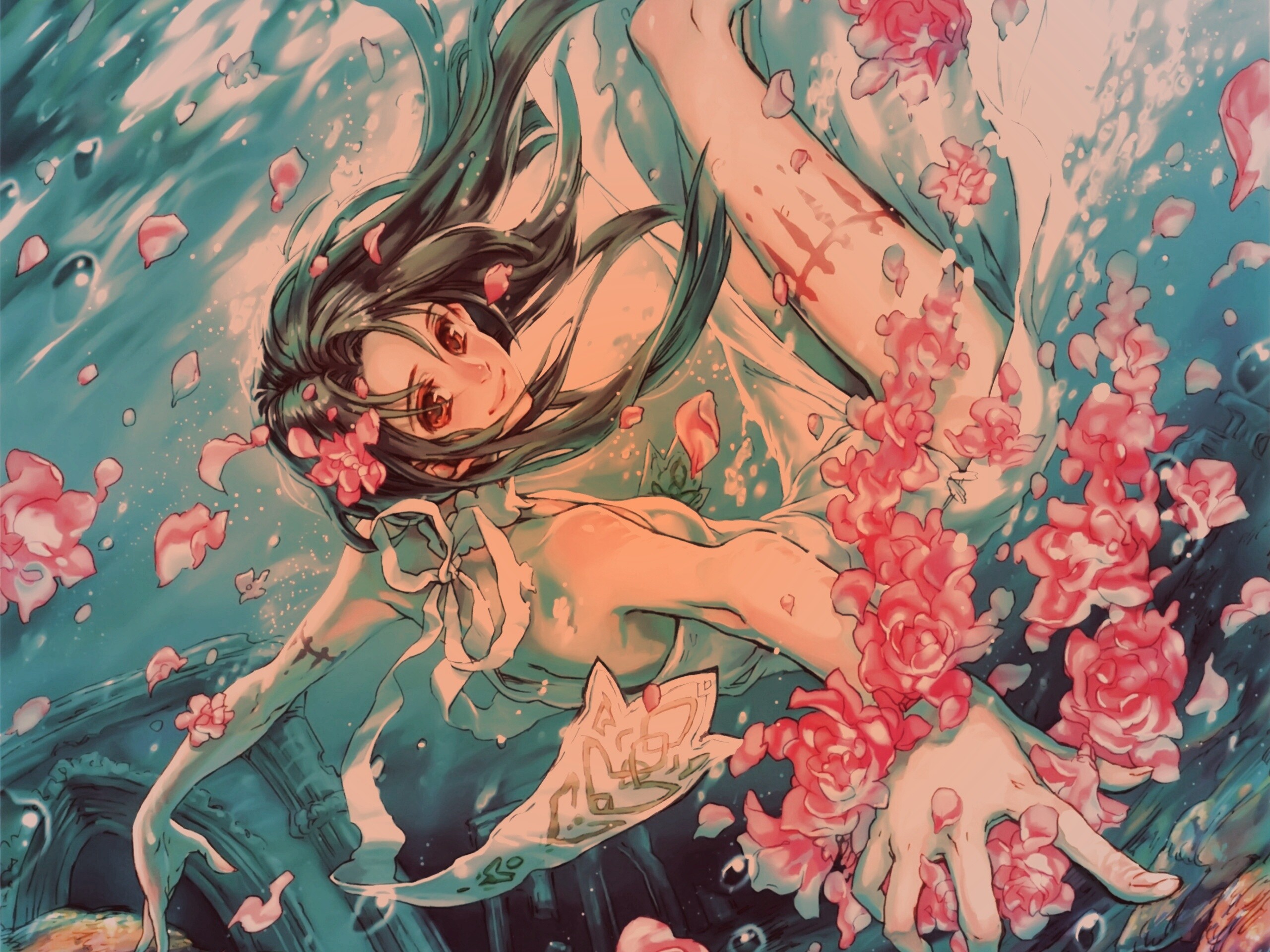 Девушка из аниме под водой обои