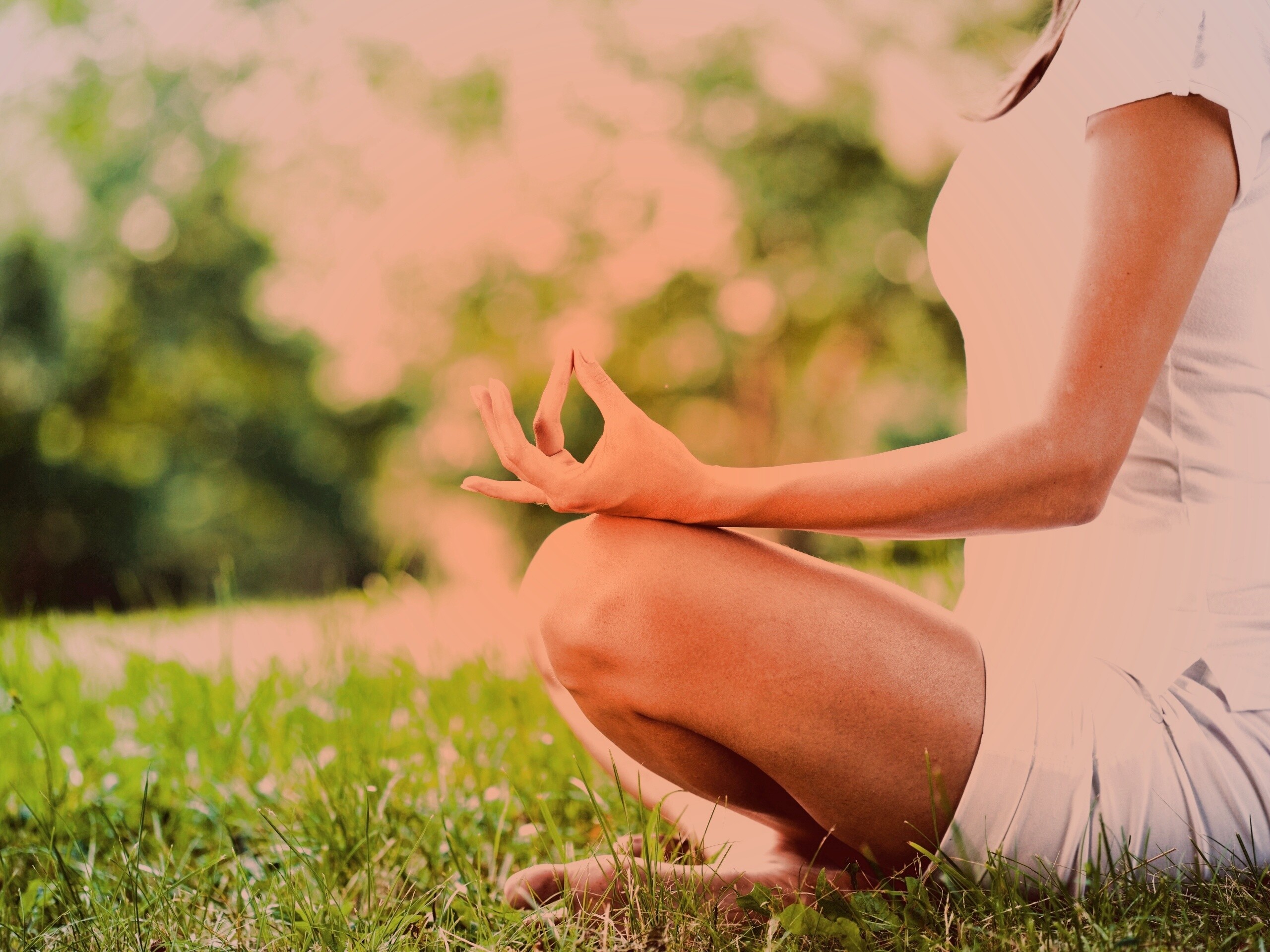 Девушка медитирует в позе лотоса на траве обои