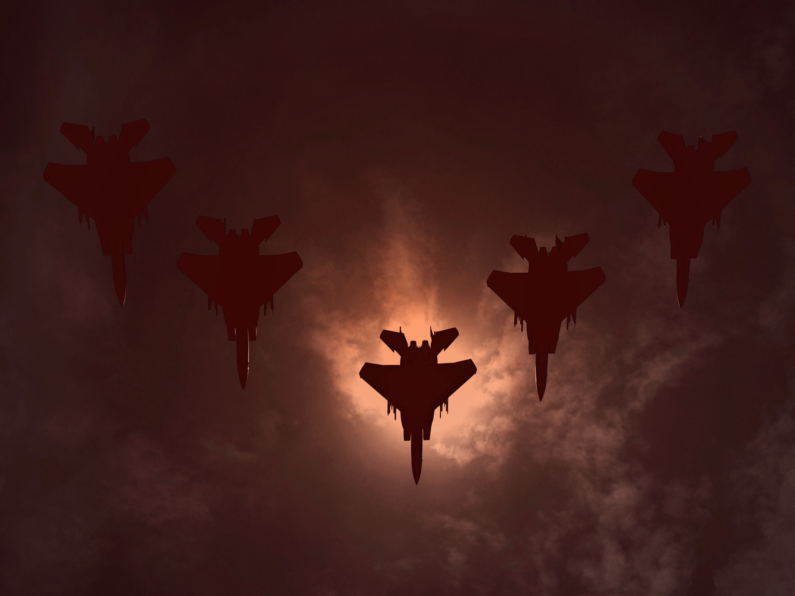 Ряд истрибителей на фоне солнца обои