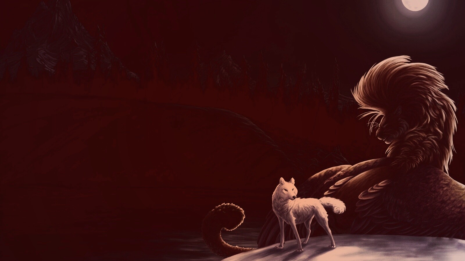 Волк и лев при луне обои